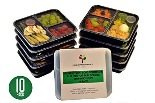 |10 Pack| Premium 3 Compartment BPA Free Meal Prep Containers + 10 Bonus Sauce Cups | Plastic Food Containers with Airtight Lids & Lid Tabs | Reusable & Stackable Bento Lunch Boxes | Microwave, Dishwasher & Freezer Safe | Perfect for Portion Control & Plan Meals Ahead of Time!