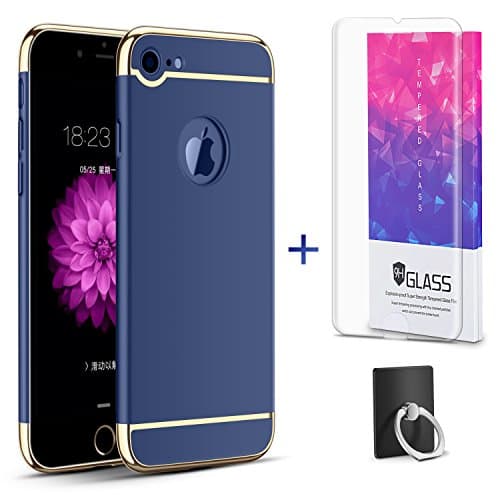 Hanglong 3 in 1 Full Protective Phone Case with Electroplate Frame For iPhone 7 (with one Tempered Glass Screen Protector)-Navy Blue