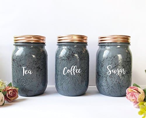Grey Tea Coffee Sugar Set, kitchen canisters, copper kitchen accessories, Marble Mason Jars, Kitchen Storage Jar Sets, marble storage containers, grey kitchen storage