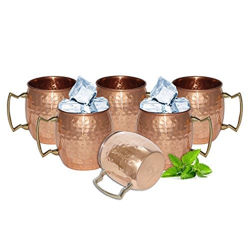 Solid Copper Moscow Mule Mug - Set of 6 Mugs - No Lining - 100% Pure Copper - Hammered Type Copper Mug - 45 cL Capacity - Great for Any Chilled Beverage! Brilliant for Entertaining & Your Home Bar Cart! Unique Barware Gifts for Women & Men (6 Mugs)