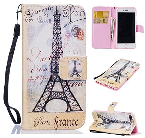 Yidaxing iPhone 7 PLUS Wallet Case, Premium PU Leather Flip Cover Colorful Pattern Design Shockproof Case with Hand Strap and Card Holder for iPhone 7 PLUS, Eiffel Tower
