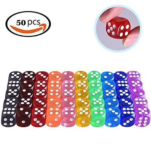 Cubic Dice 6-Sided 50pcs White/Black Pips Dots 14mm Transparent Regular Dice Round Corner for Board Games Activity and Party with Dice Bag