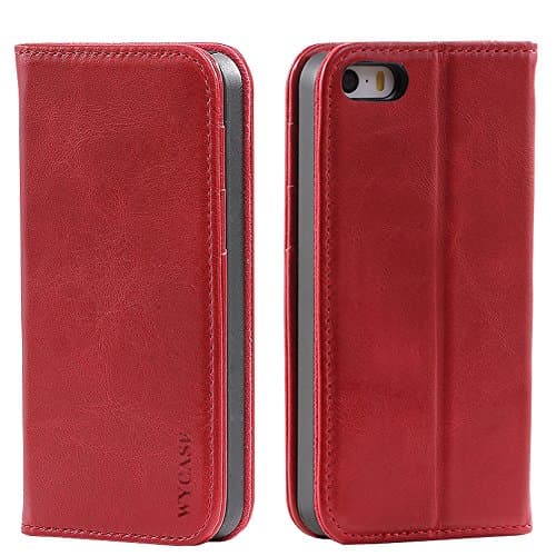 WYCASE® iPhone5 5S SE Genuine Leather Case,Flip Folio Book Cover with Stand Function, Card Slots & ID Holder and Magnetic Closure full protection Red