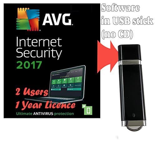 Bundle AVG Protection 2018 for 2 Users / Computers 1 Year Licence ( Internet Security Antivirus Software, supplied in 2GB USB Stick, Windows 10, 8, 7 Compatible)