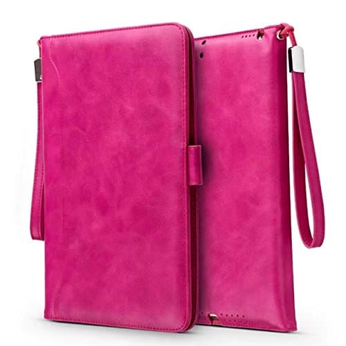 iPad pro 10.5 inch Case- Leather Smart Stand Folio Business Case Cover with Card Slots,Kickstand,Document Pocket,Pencil Holder,Elastic Hand Strap(rose)