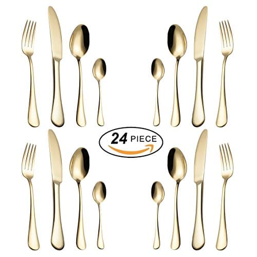 24-Piece Cutlery Set Stainless Steel Flatware Silverware Dining 6 Table Knives 6 Forks 6 Dessert Spoons 6 Tea Spoons Gold