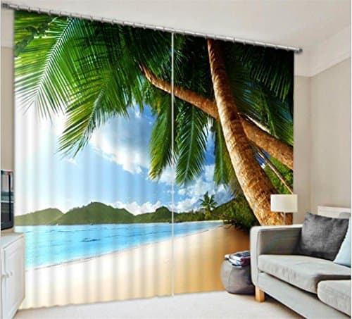 KKLL Curtains Polyester 3D Beach Coconut trees Blue sky Landscape Three dimensional Visual space Printing Blackout Drape Noise Reducting Window Drapes Decor Panels , wide 3.0x high 2.7