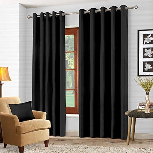 Luxury Pair Thermal Blackout Curtains Ring Top Eyelet Fully Lined insulated Super Soft Ready Made Solar Blackout 168 x 183cm - Black