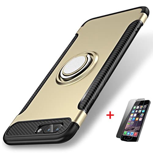 iPhone 8 Plus case, iPhone 7 plus case, Hard PC + Carbon Fiber Hybrid Back Cover Skin For apple iPhone 8 plus iphone 7plus, with Ring Holder, and HD Tempered Glass Screen Protector(green for iphone 7/8 plus)