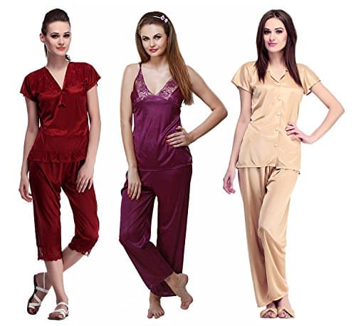 Miss Pixy Women's Solid Full Length Top, Pyjama & Capri Set Of 6 Poly Satin Nightsuits Night Wear Dress