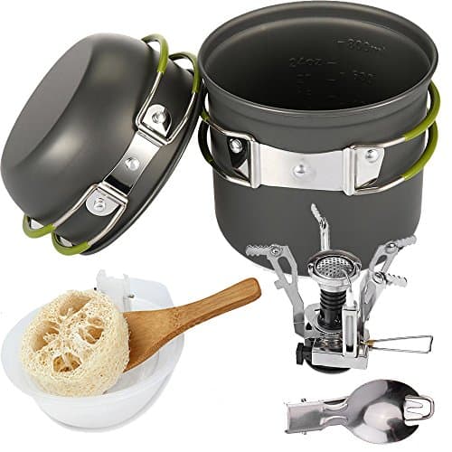 TANBURO Camping Cookware Kit for Outdoors Backpacking Gear & Hiking Cooking Equipment 9 Pieces Cooking set - Compact & Durable Non-stick Pots, Gas Stove etc