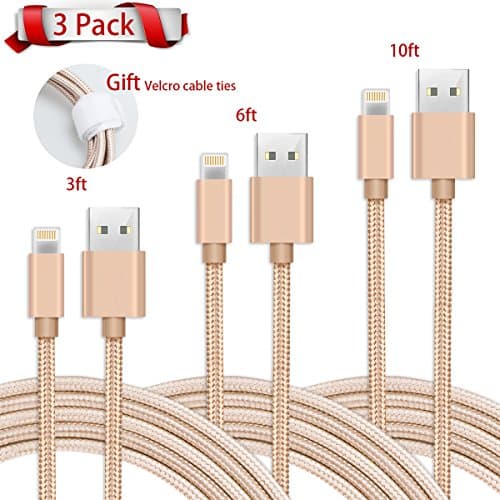 EOKIKUIF iPhone Lightning Cable, 3 Packs 1M/2M/3M Phone USB Charger Cord Charging Data Cable Wear resistant Nylon Braided Cord for iPhone 7/7 Plus/6/6 Plus/6s/5/5S/5C/SE, iPad 4, iPod, iPad Air Mini (Gold)