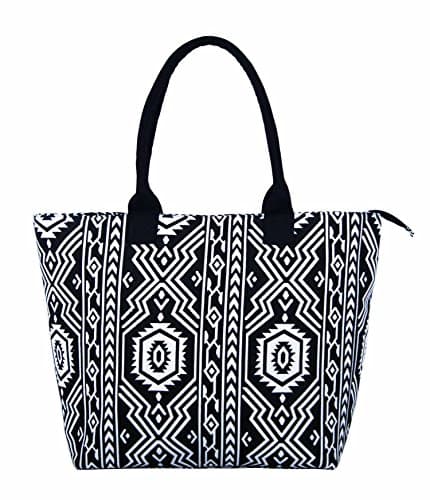 Large Canvas Shopper Tote Beach Bag fully lined Assorted designs (Aztec Black & White)