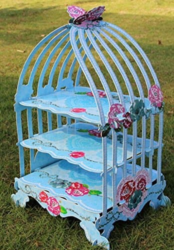 ivebetter 3-Tier Cupcake Display Stand Birdcage Shape Cardboard for Wedding Party (Blue Rose)