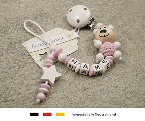 Personalised Baby Dummy Clip Chain | Pacifier Soother Holder with Preferred Name – Girls & Boys Motif Bear & White Star