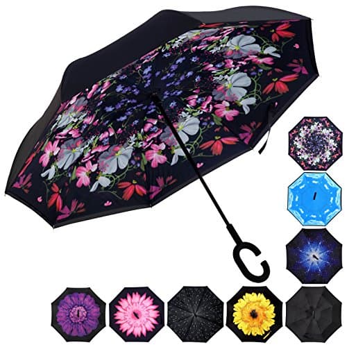 HeHe Umbrella Inverted/Reversible, Windproof Umbrella Double Layer Inside-Out Hands Free Self-Standing for Women and Men, Anti-UV Windproof Travel Umbrella with Carrying Bag