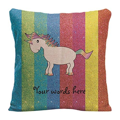 LDJ Cotton Polyester Chair Square Throw Pillow Case Decorative Cushion Cover Pillowcase Design With Unicorn With Rainbow Glitter Stripes Custom Pillow Print Double Side Size 18x18 Inches