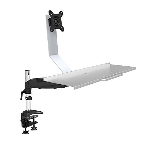 OLLO: Sit stand, oversized aluminum keyboard tray with gas spring mounting arm, and double c-clamp , 24.7" extension, fits 15-27"monitors