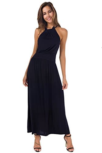 AMII Womens Casual Solid Halter Straps Empire Modal Long Dresses Navy Blue S
