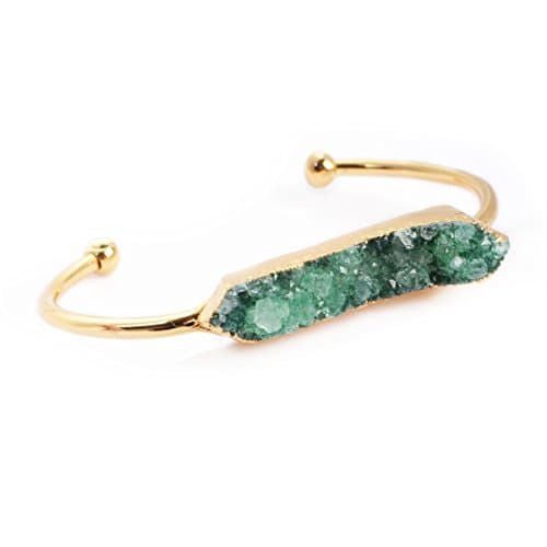 JAB Natural Agate Druzy Bangle Gold Plated V-Shaped Long Oval Rainbow Geode Bangle Drusy Geode Fashion Jewelry (Green)