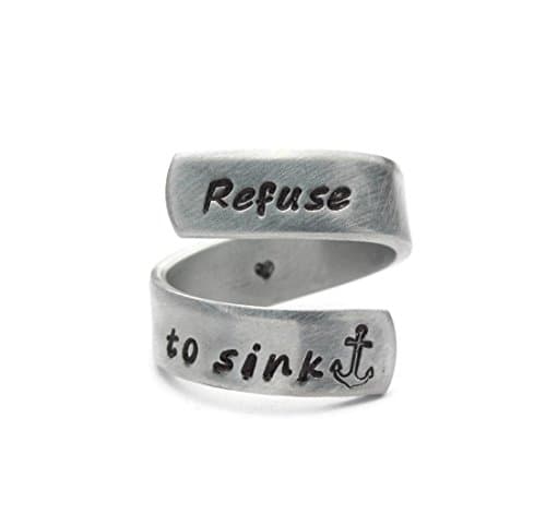 Refuse to Sink Adjustable Hand Stamped Wrap Ring, SM/MED Size (Ring sizes 5 though 8), Survivor, Inspirational Jewelry