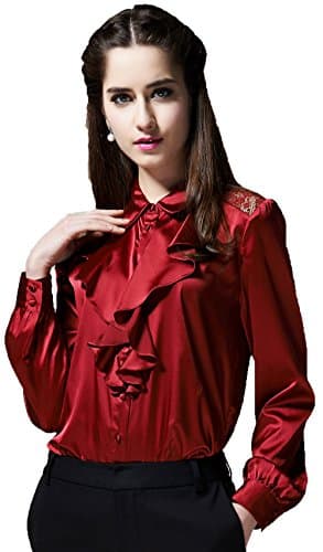 Grace Silk, Solid Color, Long Sleeve Satin Silk Blouse, Maroon, Size Small