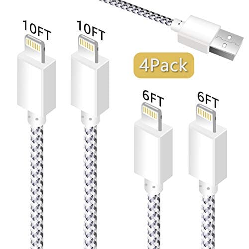 ANDWING Charger Cable 4 Pack (6Ft/6Ft/10Ft/10Ft) Nylon Braided USB Charger Cord Compatible for iPhone XS/XR/X/8/7/6/5/5C/SE/Plus iPad/iPod Charging or Data Syncing (Silver)