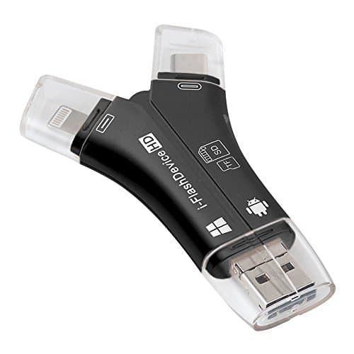 Card Reader, Jaremite SD/TF Card Reader Flash Device USB 2.0 Memory Card Reader Adapter with Lighting, Type-C, Micro USB, USB Connector 4 in 1 for iPhone, iPad, Windows, Mac - Black (Black)