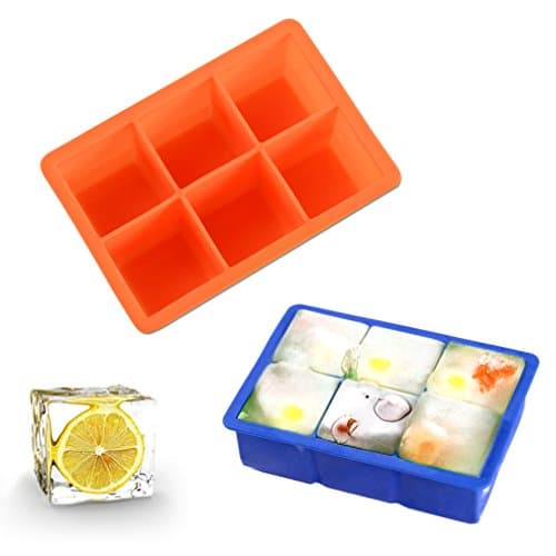 Silicone Ice Cube Tray - Flexible 6 Cavity Ice Maker for Whiskey and Cocktails - Keep Drinks Chilled Pack 2 (Orange,Blue)