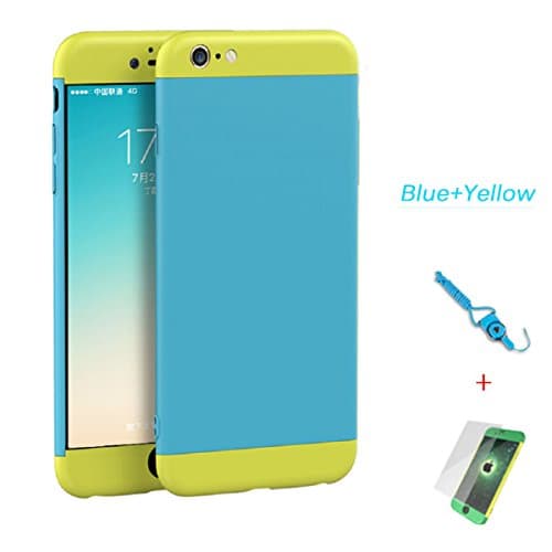 iPhone 6 6s Case, 3 in 1 Ultra-thin 360 Degree Full Body Coverage Hard PC Cover with Tempered Glass Screen Protector and Lanyard Strap for IPhone 6 plus/6s plus (iPhone 6 6s, Blue+Yellow)