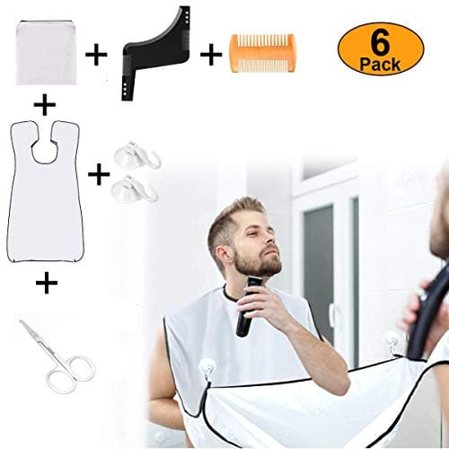 Beard Shaving Apron Bib & Beard Shaping Tool Kit 6-in-1 For Men - Hair and Beard Catcher, Shaving Bag, Beard Shaper Template, Wooden Beard Comb, Suction Cups, Travel Toiletry Bag- Perfect Gift for man
