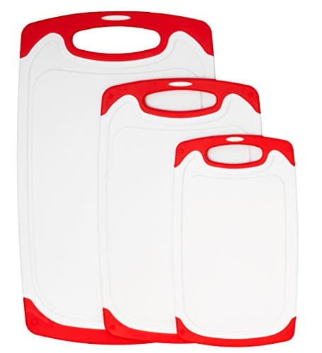 KONPEX Plastic Cutting Boards set, Dishwasher Safe, Large with Juice Groove and Non-Slip Feet (RED)