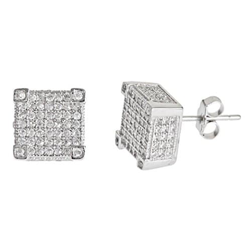 SQUARE SHAPE 925 SILVER 14K WHITE PLATED WHITE C.Z STONES ON ALL SIDES STUD EARRINGS MEN 10MM PUSH BACK