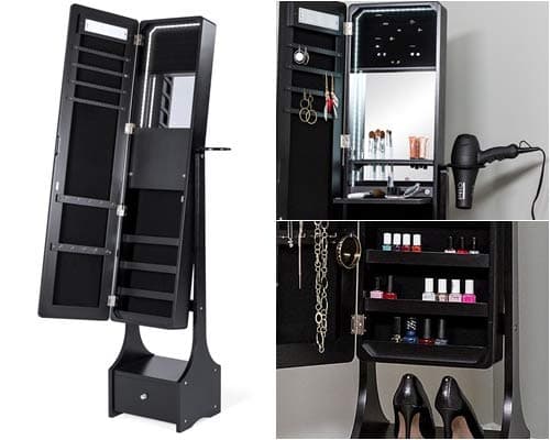 Standing Cabinet Full Length LED Mirror Touch Screen Pop Up Shelf Crafted Soft Velvet Lining 4 Shelves for Accessories Jewelry Storage Necklace Bracelet earring and ring holders Hair Dryer Hook Home