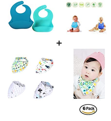 6 Pack Bundle/Set by iZEN 2 Adjustable Soft Feeding Bibs with Food Crumb Catcher Pocket for Babies/Toddlers (Mint/Baby Blue) + 4 Pack Bandana Drool Bibs Set for Boys and Girls