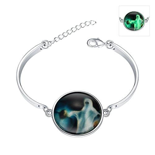 iCAREu Silver Plated Adjustable Bangle Bracelet with a Fluorescent Halloween Theme Pendant, 8"(Ghost)