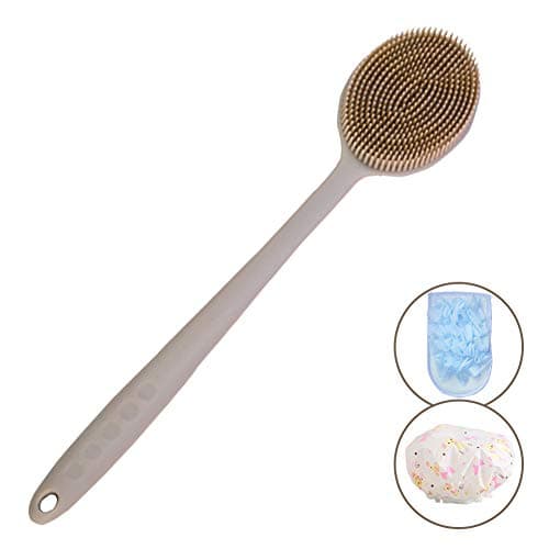 Body Scrub Brush with Long Handle,Silicone Bath Brush Set(Long Body Brush,Soft Exfoliating Glove,Shower Cap) Cleaning Massage Back Scrubber for Shower All Aspects of Skin Care (Coffee)
