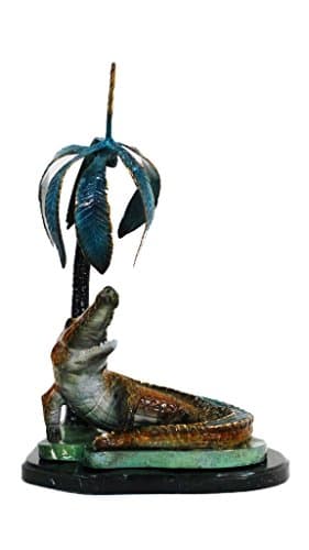 Genuine Bronze Statue Cast in Original Lost Wax Method- Crocodile Head Up on Marble Base - Special Patina 9"L x 12"W x 22"H