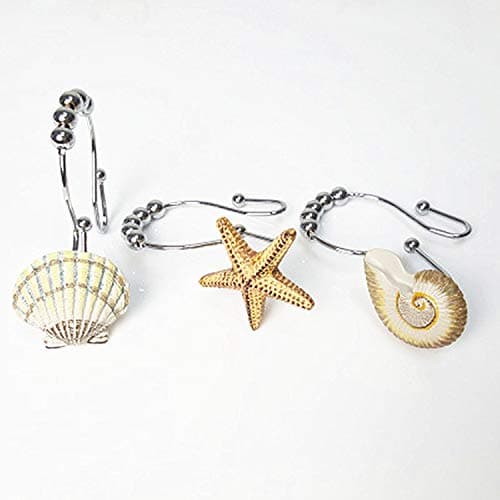 Double Resin Starfish Shell Shower Curtain Hooks Rings RUSTPROOF STAINLESS STEEL Shower Curtain Hooks Rings Easy Glide 12 Count