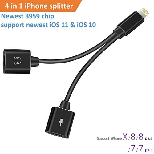 iPhone 7 / 7 Plus / 8 / X Adapter & Splitter, Seiyato Dual Lightning Headphone Jack adapter Audio and Charge Splitter for iPhone X / 8 / 8 Plus / 7 / 7 Plus.(Support Music and calling function)-Black