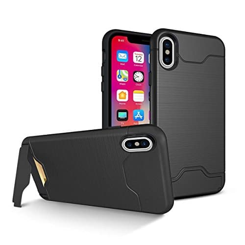 Vetullat Protection Case for iPhone X, Shockproof Case with Card Slot Holder and Built-In Kickstand - Black