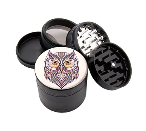 Wise Owl - Custom Premium Spice & Herb Grinder - Four Piece with Pollen Catcher - (2.25", Black) - Zip Grinders