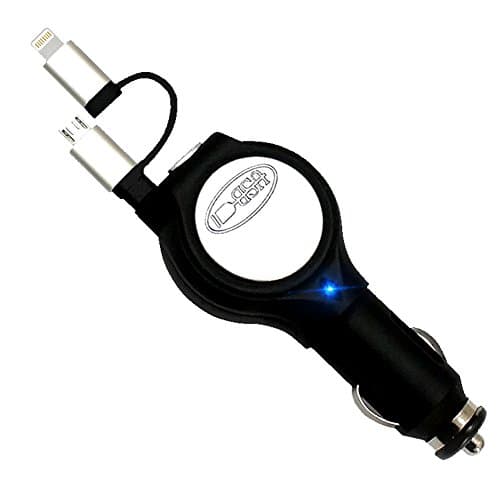 Qume Car USB Chargers 2-in-1 Retractable Cable for iPhone 7/7 Plus/6/6 Plus /5S /4S Samsung Galaxy Note android Devices (Black+Silver)