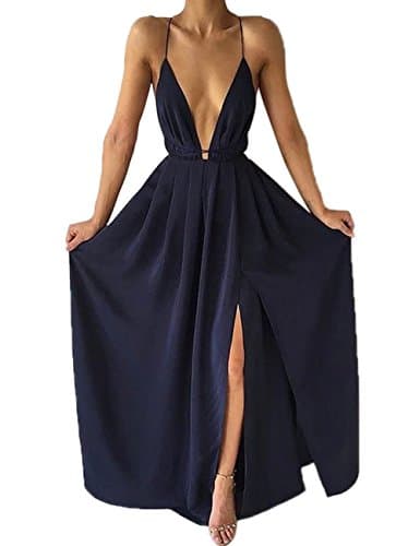 DUBACH Womens Chiffon Spaghetti Strap Deep V Neck High Slit Maxi Beach Dress