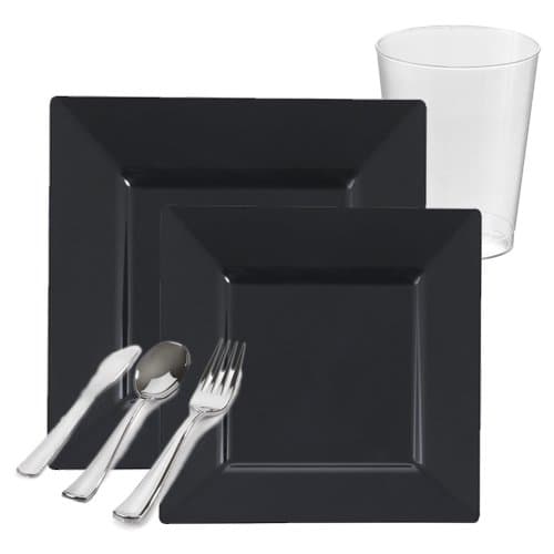 Posh Party Supplies | Black Square Plastic Tableware Package for 20 Guests | Dinner & Dessert Plates, Plastic Tumblers & Plastic Silver Cutlery | 120 Piece Total