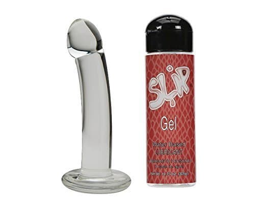 New Spartacus Blown Basic Curved 6 inch Harness Ready Glass Dong with Base Clear with Free Long Lasting Water-based Personal Lubricant Forplay Slip 10.75 Oz