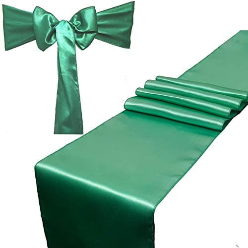Combo Pack - 2 Satin Table Runners 12 x 108 inch & 10 Chair Sashes for Wedding Banquet Decoration, Bright Silk and Smooth Fabric Party Decor (Combo 2 Table Runner + 10 Chair Saches, Dark Mint)