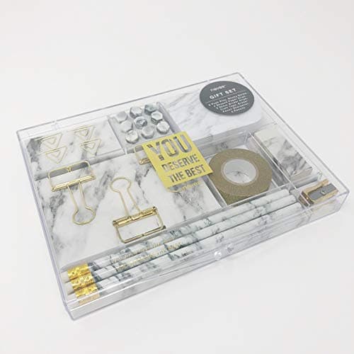 OCHS Marble Pattern Design Stationery Gift Box with Push Pins Sticky Notes Binder Clamps Shaped Paper Clips Craft Tape Eraser Pencil Sharpener Pencils for Student School Office