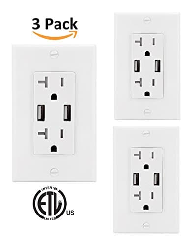 TEKLECTRIC 4.8A High Speed Dual USB Receptacle 20A Tamper Resistant Receptacle Outlet, 2 USB Port & Free Wall Plate, White (Dual USB A 3 Pack)