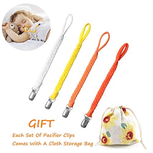 Pacifier Clips Set by MUKIN-Teething Ring Holders for Baby,Universal Flexible Holder Leash for Pacifiers, Teething Toy or Soothie.Baby Shower Gift Set.(Pack of 4)+Free Reusable Bag.